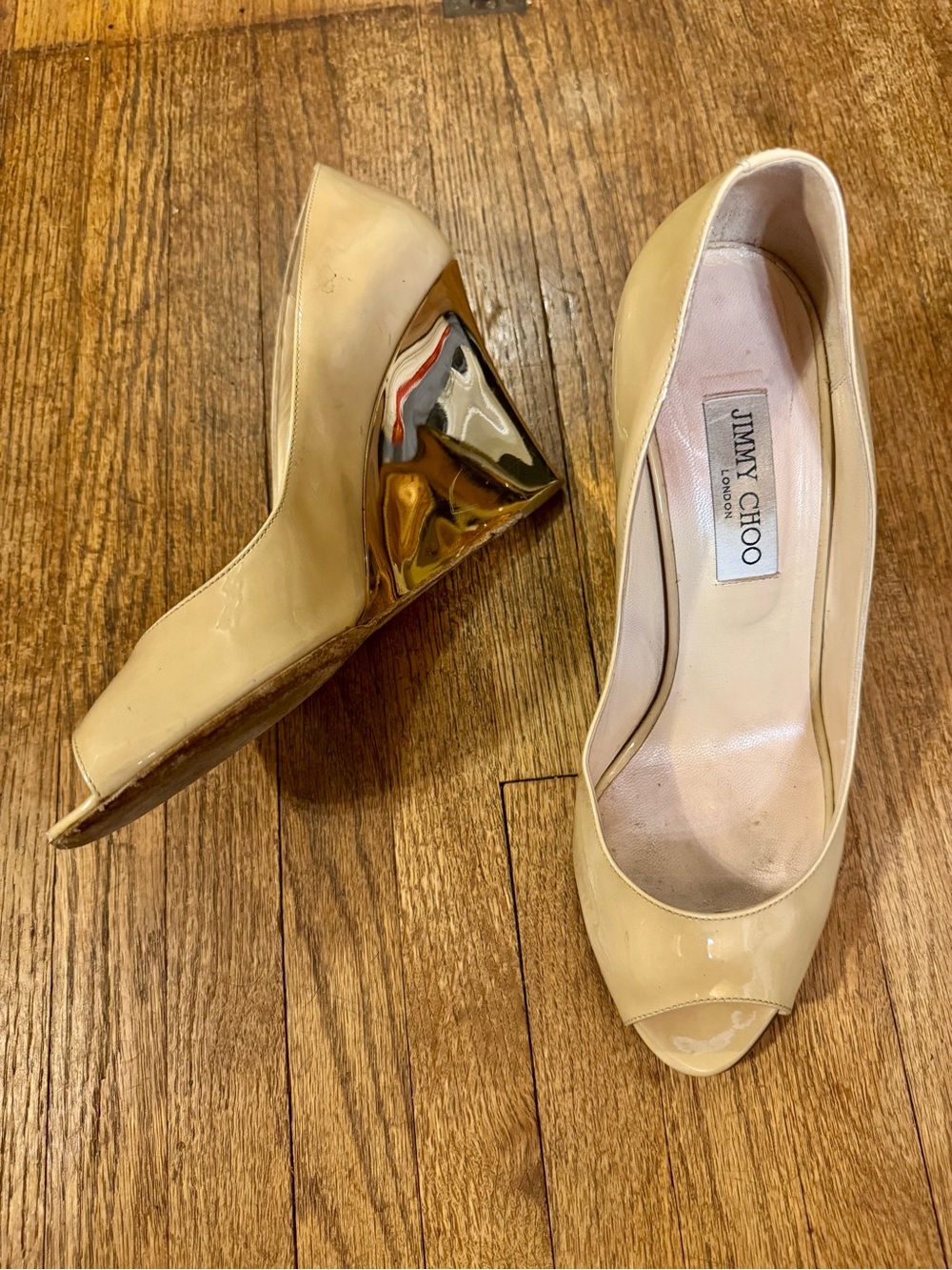 Jimmy Choo Beige Patent Wedge Pumps with Metallic Gold Wedge - size 40.5